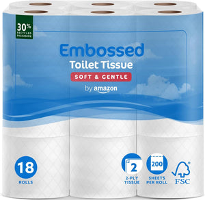 Toilet Roll 2-Ply Embossed, Soft & Gentle, 18 Rolls, 200 Sheets Each, FSC Certified