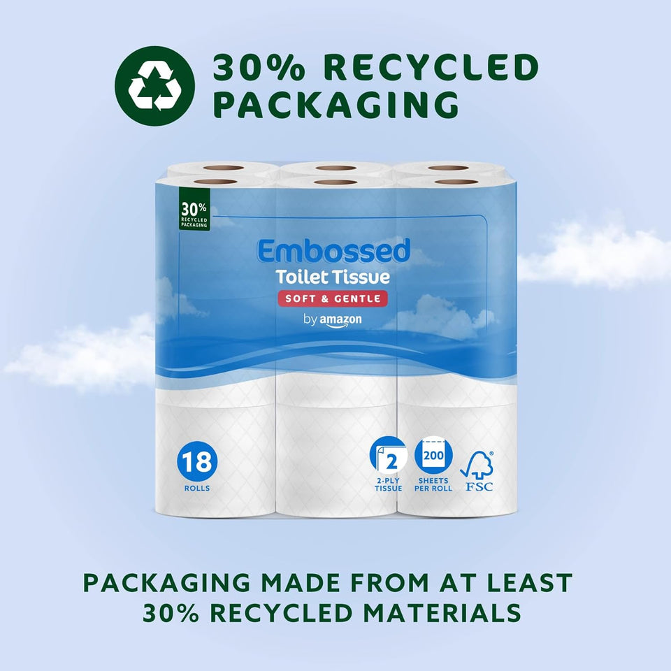 Toilet Roll 2-Ply Embossed, Soft & Gentle, 18 Rolls, 200 Sheets Each, FSC Certified