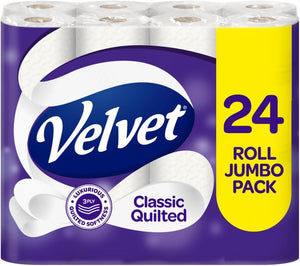 Velvet 3-Ply Quilted Toilet Paper 24 Rolls – Soft, Strong & Absorbent Bulk Tissue Pack for Home Use