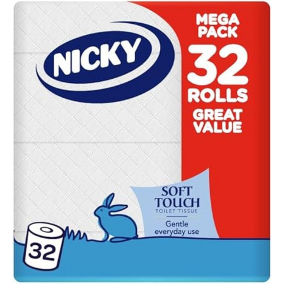 Nicky Soft Touch 2-Ply Toilet Paper, 32 Rolls | Extra Gentle, Eco-Friendly Tissue