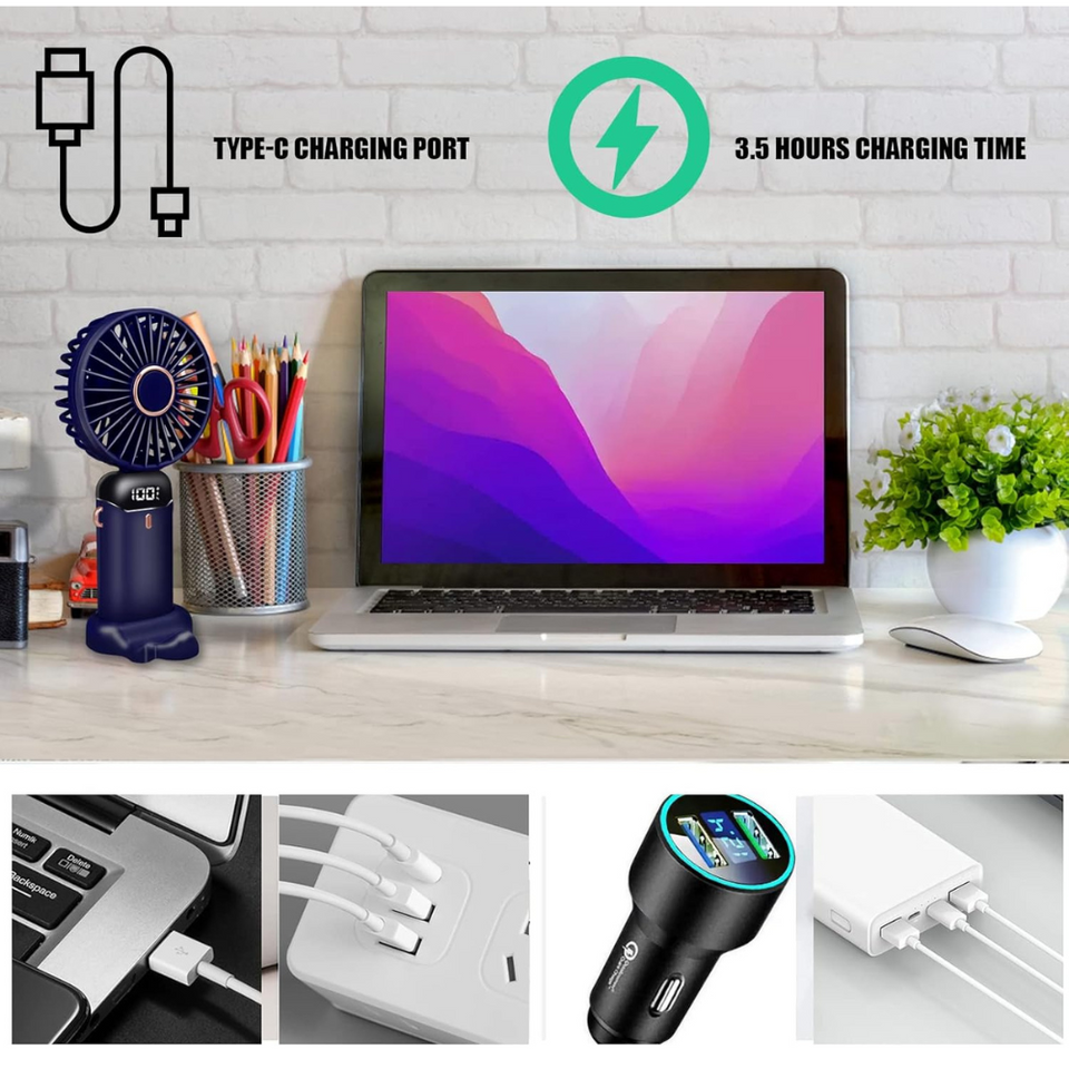 Portable Handheld USB Fan with 5 Speeds, Rechargeable Mini Foldable Fan with LED Display