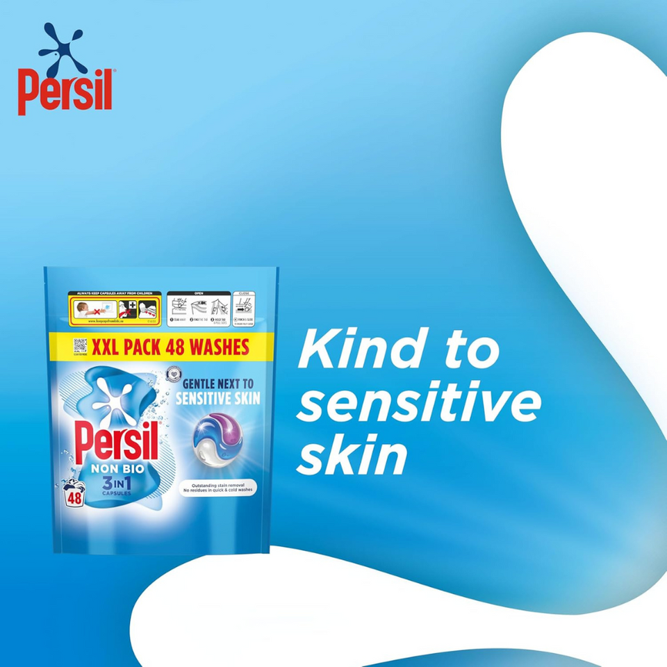 Non Bio 3-in-1 Washing Capsules for Sensitive Skin, 48 Ct – Fast Dissolve, Cold Wash Safe