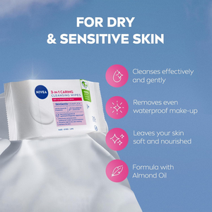 3in1 Cleansing Face Wipes for Dry Skin – 25 Biodegradable Wipes with Almond Oil