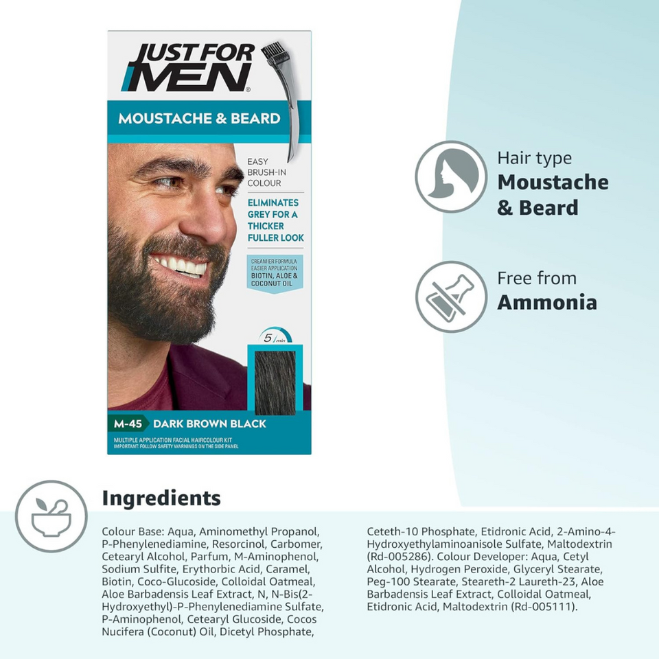 Moustache & Beard Dye M45 – Dark Brown Black, Grey Coverage, Brush Included, 28g