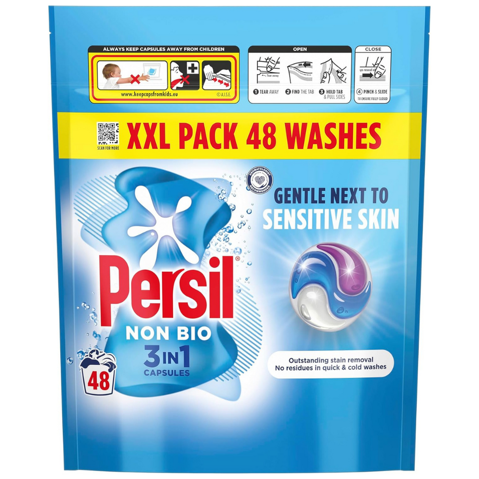 Non Bio 3-in-1 Washing Capsules for Sensitive Skin, 48 Ct – Fast Dissolve, Cold Wash Safe