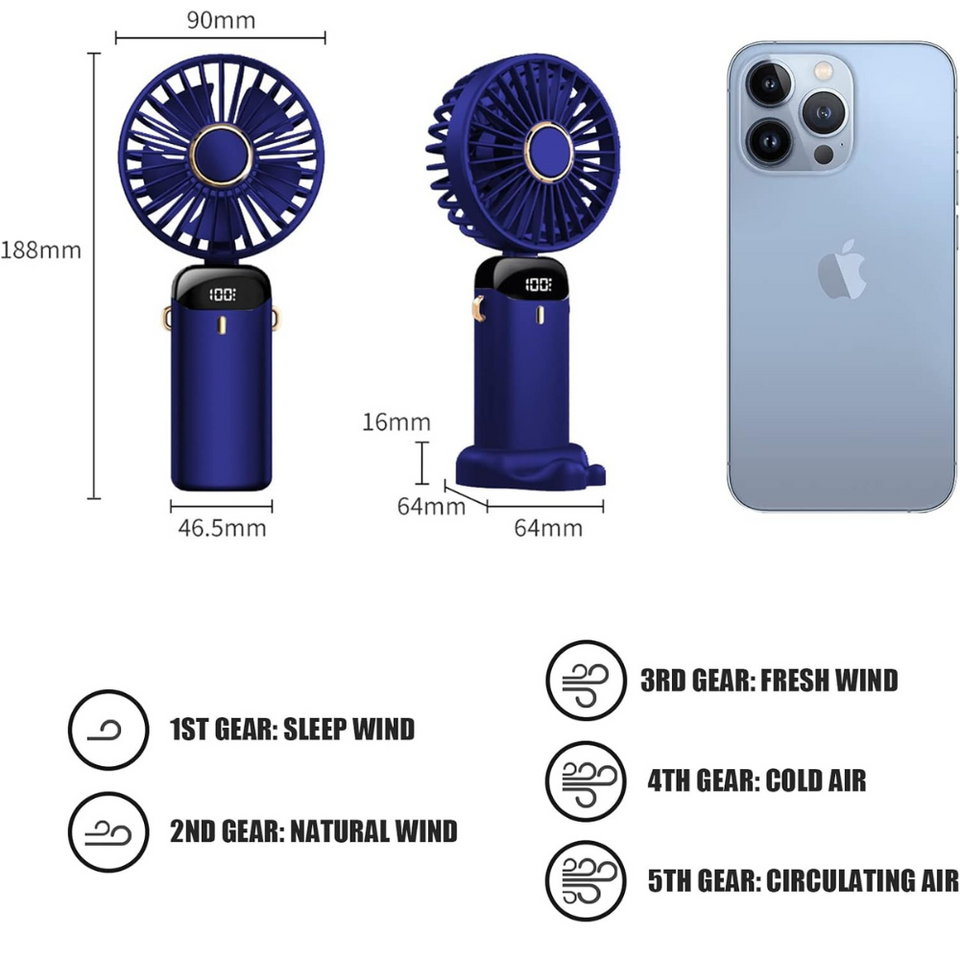 Portable Handheld USB Fan with 5 Speeds, Rechargeable Mini Foldable Fan with LED Display