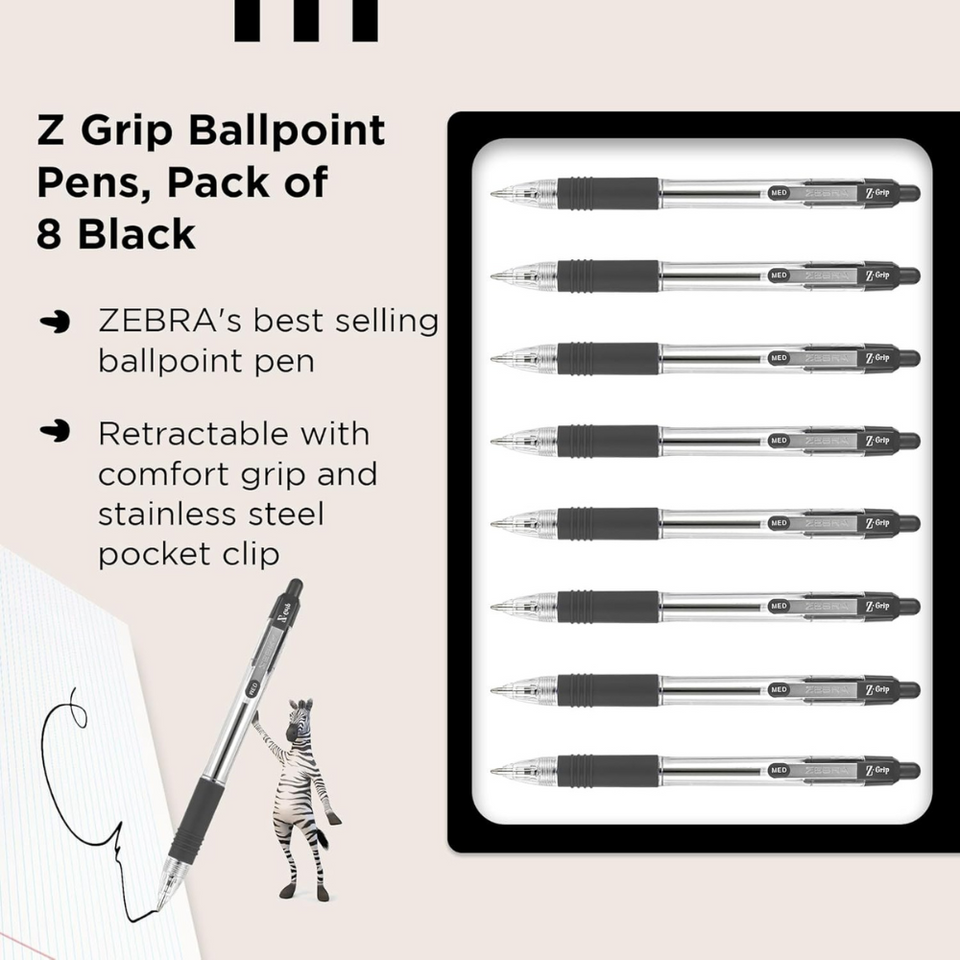 8-Pack Black Ballpoint Pens – Retractable, Soft Grip, Smooth Ink, Everyday Writing