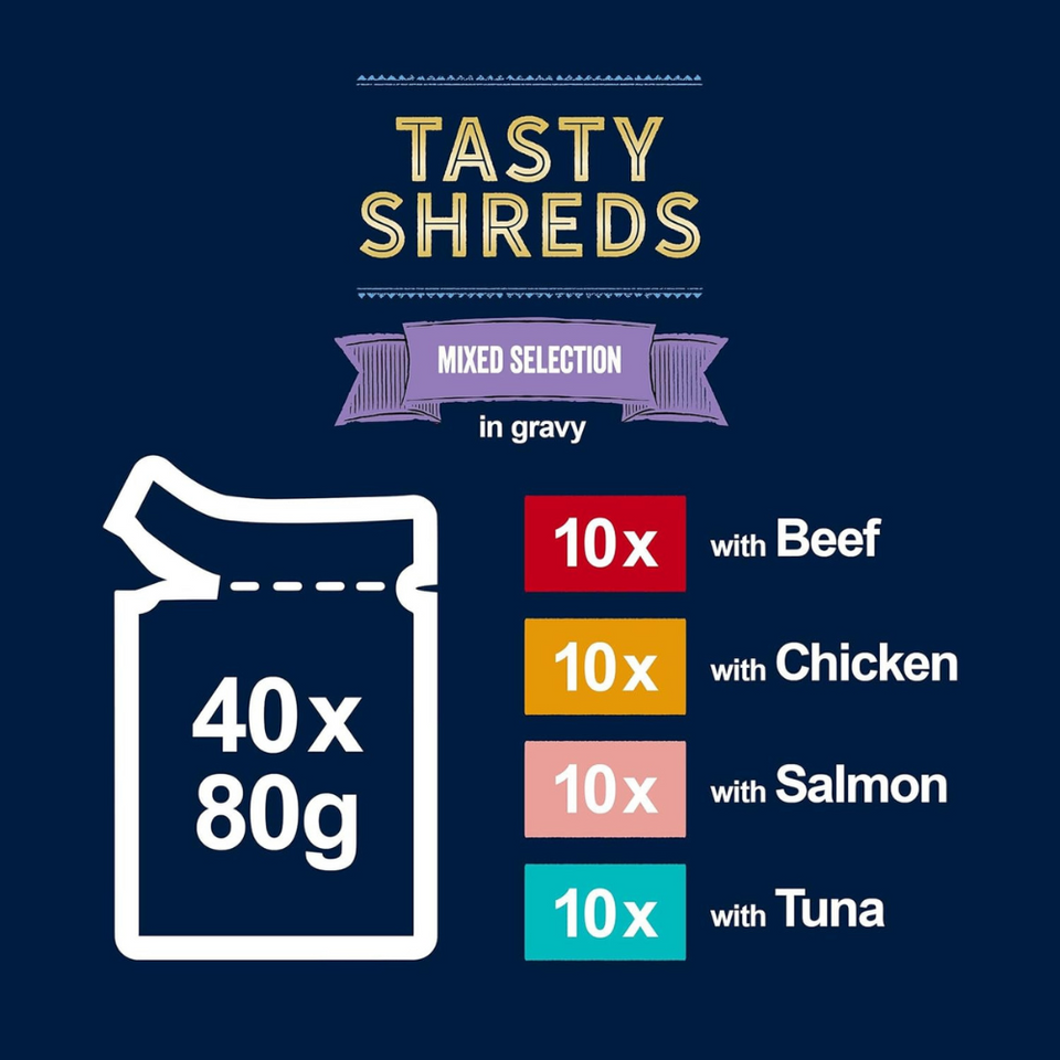 Tasty Shreds Wet Cat Food in Gravy – 40x80g Mixed Selection for Adult Cats