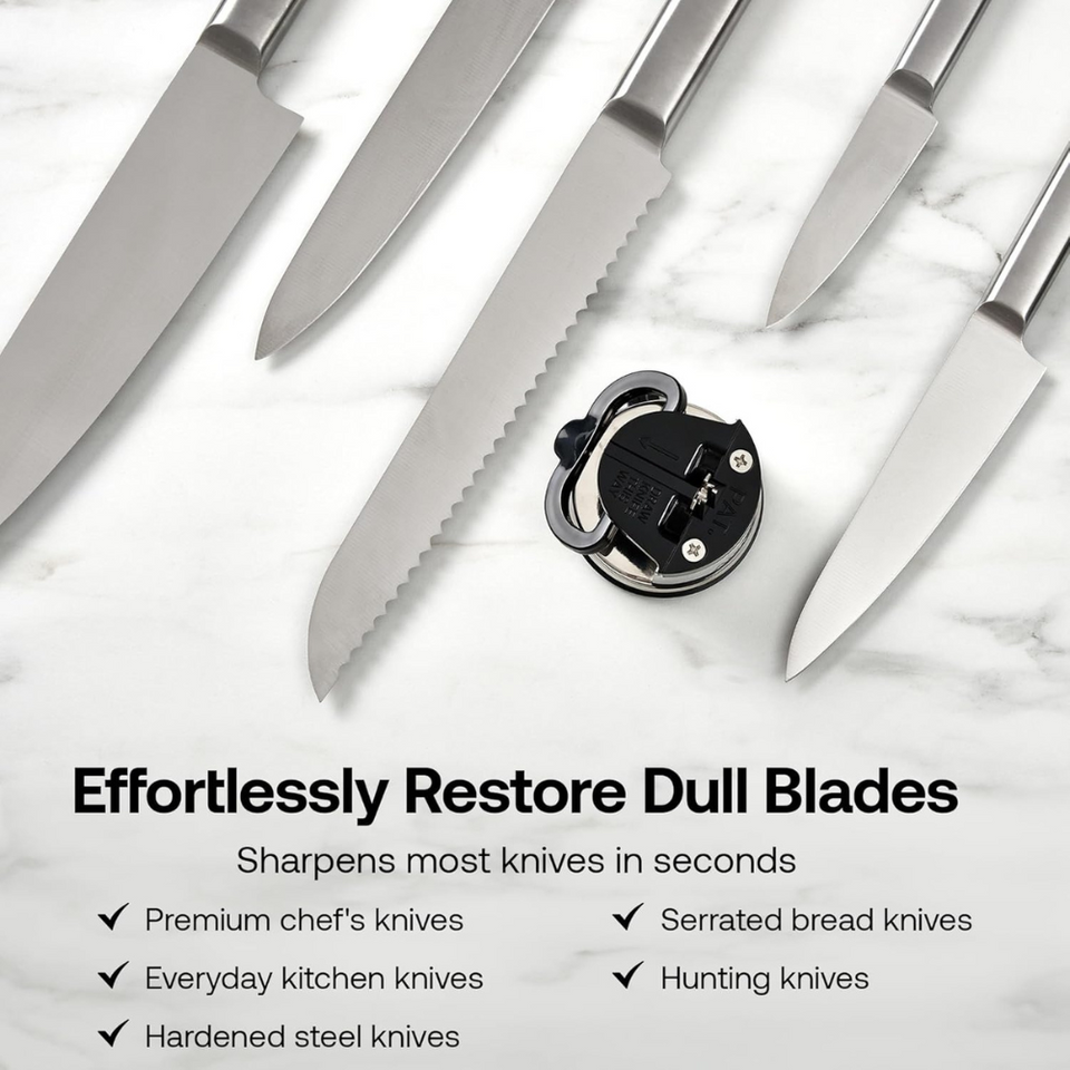 Compact Knife Sharpener with PowerGrip Suction – Sharpens Steel & Serrated Blades Easily