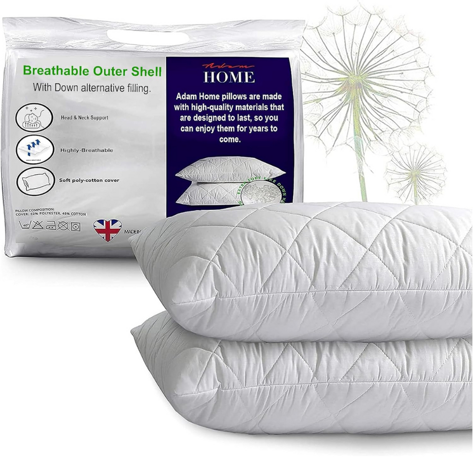 Hotel Quality Pillows 2 Pack with Quilted Cover – Soft Hollow Fibre Bed Pillows for All Sleepers