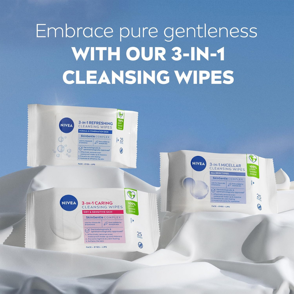 3in1 Cleansing Face Wipes for Dry Skin – 25 Biodegradable Wipes with Almond Oil