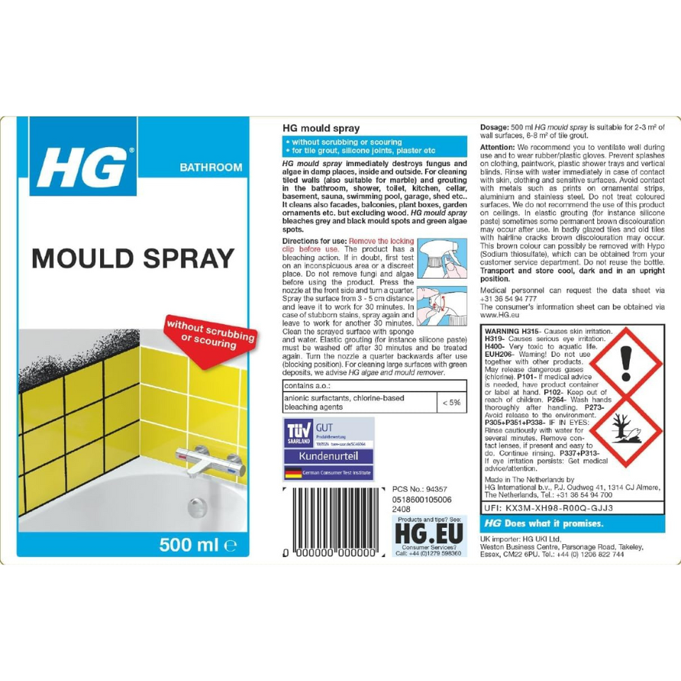 Mould Remover Spray 500ml – Removes Mildew & Stains from Tiles, Walls, Grout & More