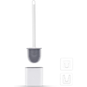 Silicone Toilet Brush with Holder – Flat Head, Long Handle, Wall/Floor Mount, White