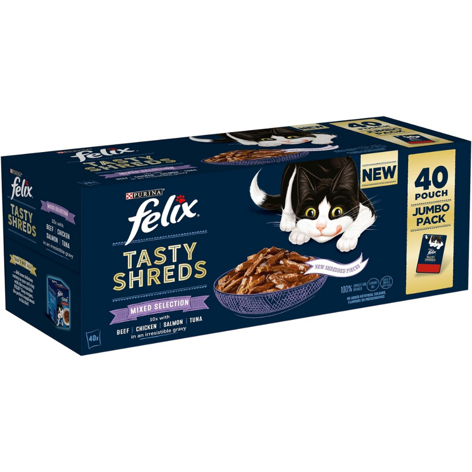 Tasty Shreds Wet Cat Food in Gravy – 40x80g Mixed Selection for Adult Cats