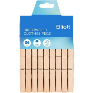 Wooden Clothes Pegs 36 Pack | Birchwood Laundry Pegs with Metal Spring for Indoor & Outdoor Use