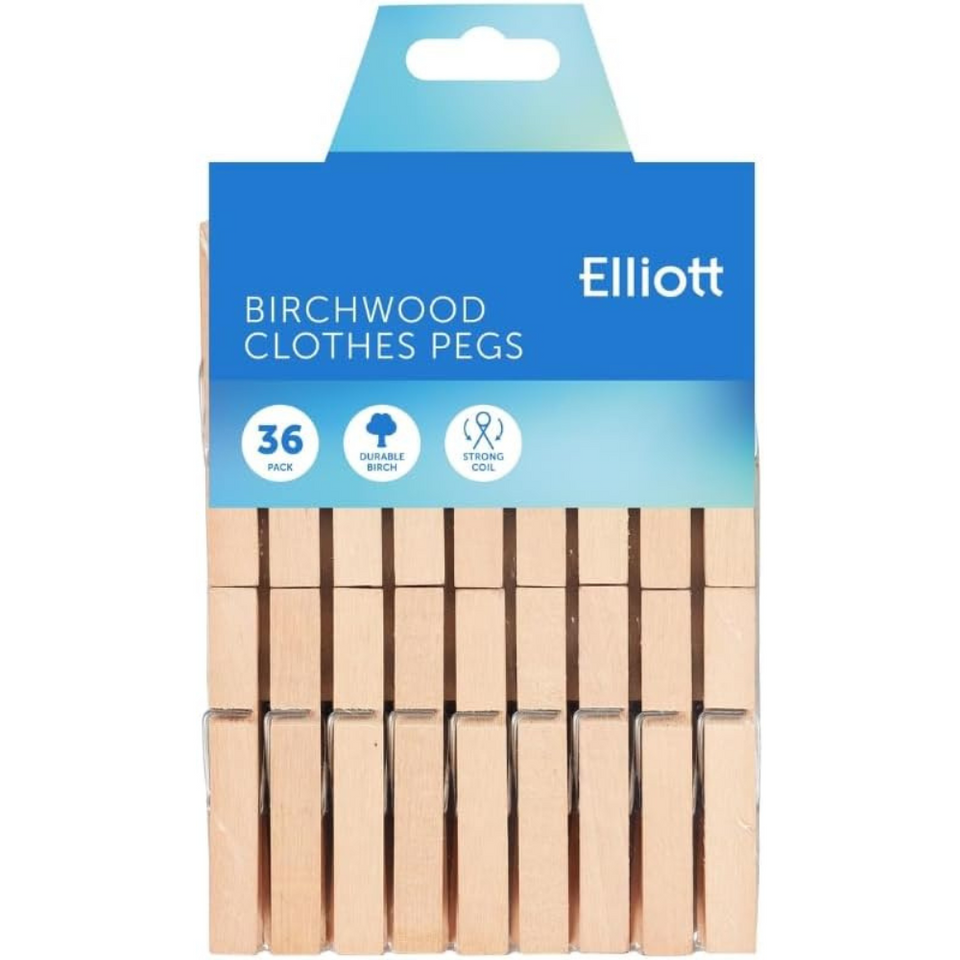 Wooden Clothes Pegs 36 Pack | Birchwood Laundry Pegs with Metal Spring for Indoor & Outdoor Use