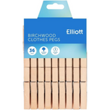 Wooden Clothes Pegs 36 Pack | Birchwood Laundry Pegs with Metal Spring for Indoor & Outdoor Use