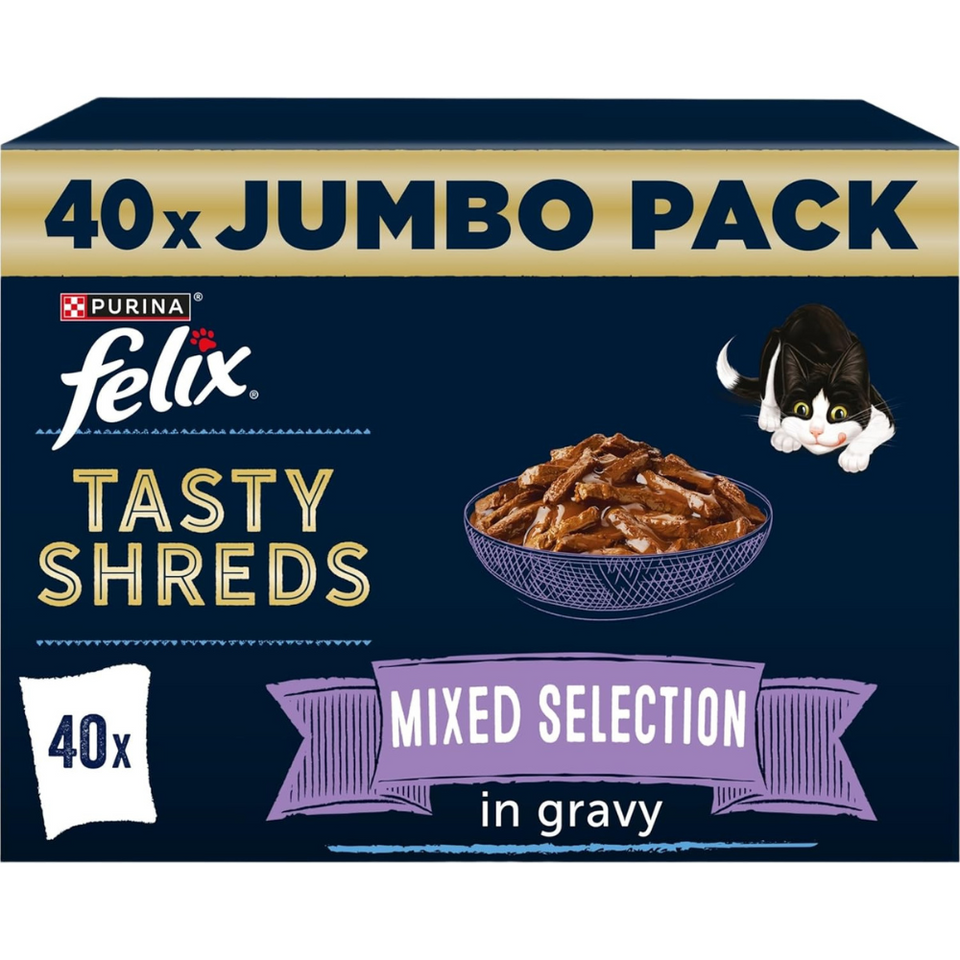 Tasty Shreds Wet Cat Food in Gravy – 40x80g Mixed Selection for Adult Cats
