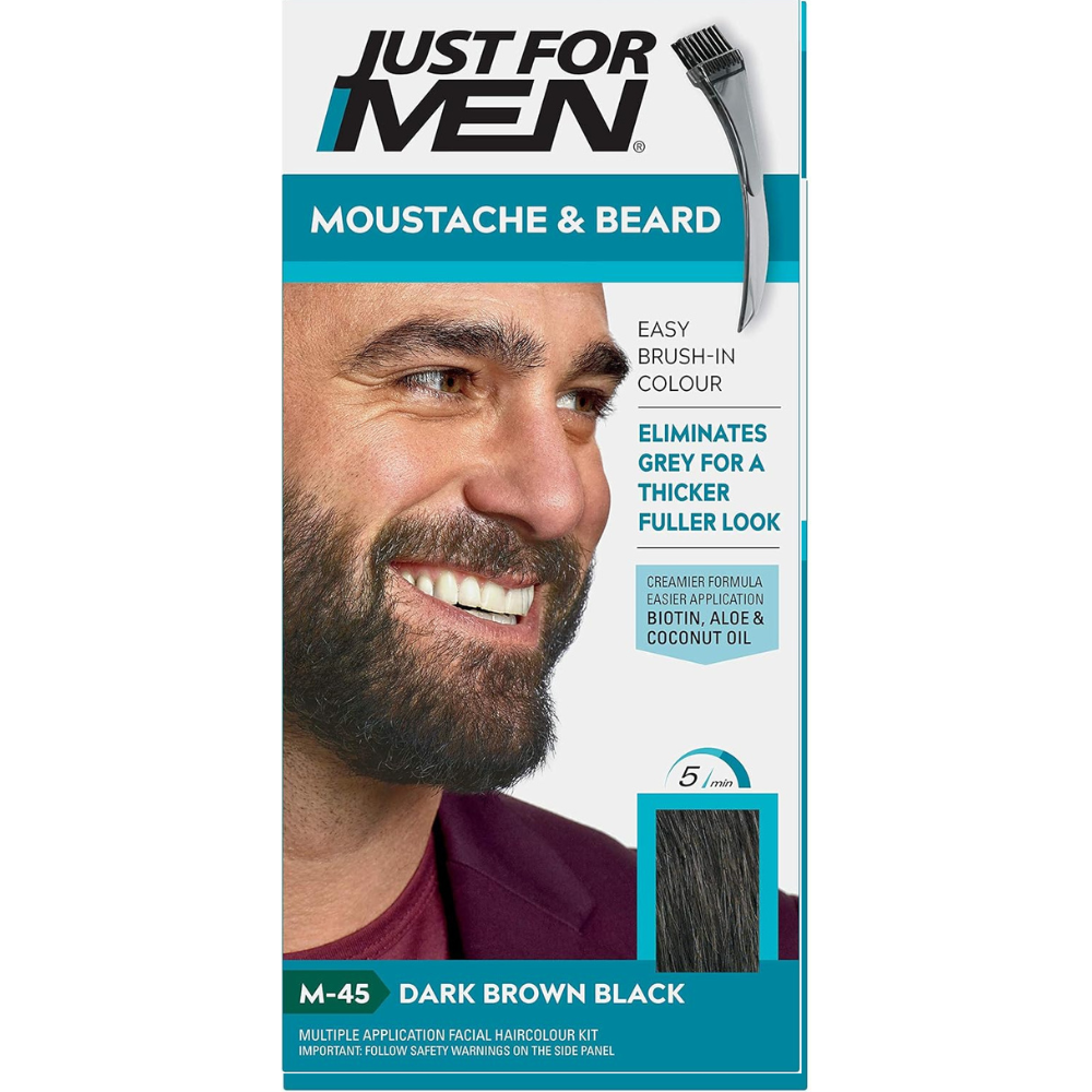 Moustache & Beard Dye M45 – Dark Brown Black, Grey Coverage, Brush Included, 28g