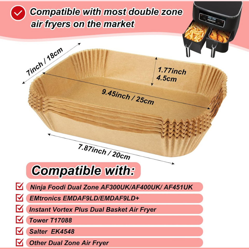 100pcs Air Fryer Liners for Dual Zone Fryers – Disposable, Non-Stick, Heat-Resistant